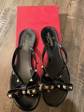 Valentino Black Bow Jelly Sandals with Gold Rockstuds - Women